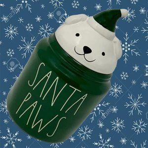 Rae Dunn SANTA PAWS Geen and White 10" x 4" Pet Treat Canister with PUPPY LID
